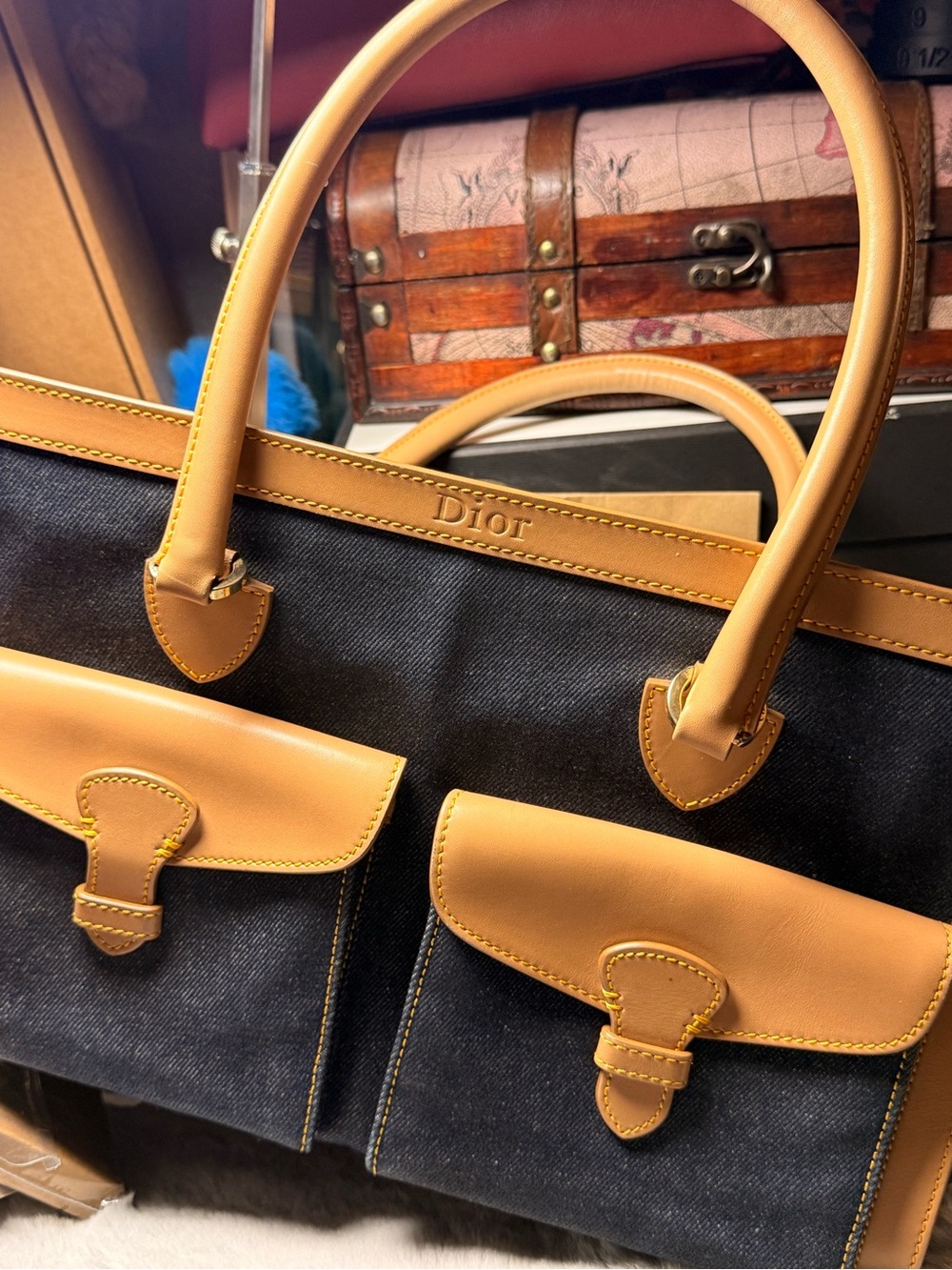 Dior Black Canvas Tote with Tan Leather Accents